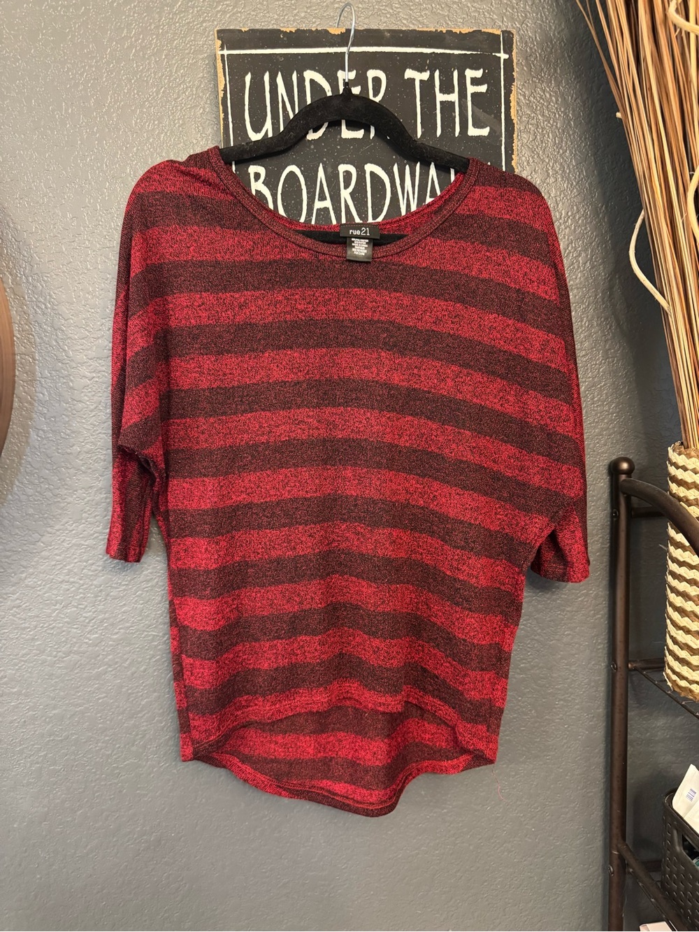 Rue21 Red and Black Striped Short Sleeve Knit Top. Size Fits as Large